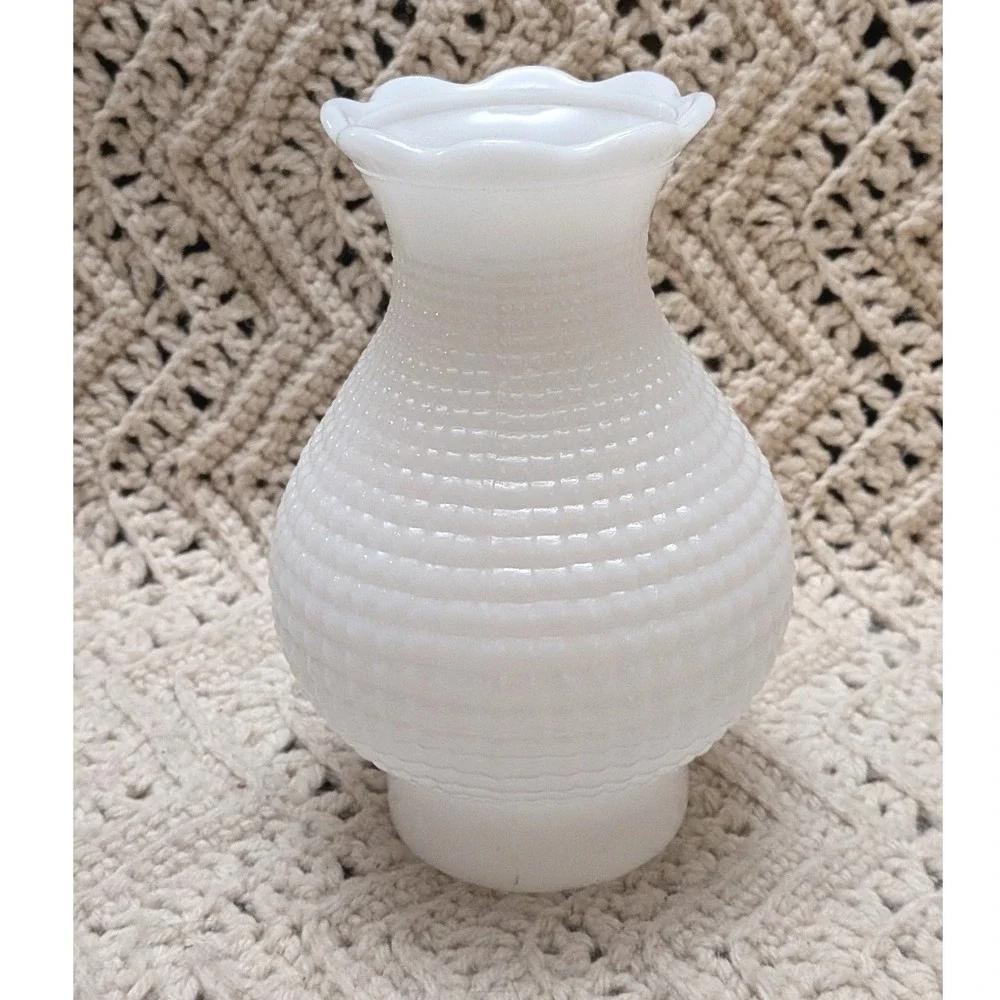 Vintage White Milk Glass Hobnail Hurricane Lamp Shade Ruffled Edge 3 Inch Fitter